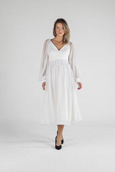 ALİS DRESS Ekru Kemerli Simli Tül Elbise