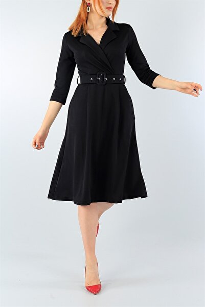 vuvutasarım Kemer Hediyeli Esnek Kumaş Ceket Yaka Cepli Siyah Abiye Elbise Hy-020