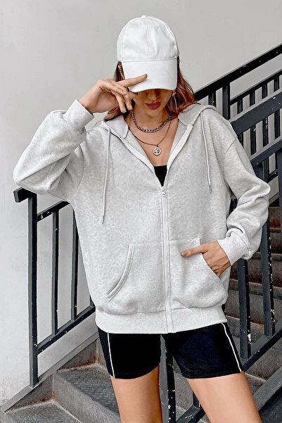 AFROGİYİM Women's Gray Zipper Cardigan