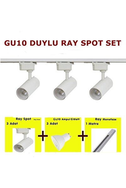 Coral Light Mini Ray Spot 3'lü Set Gu-10 Duylu ( 3 Spot Lamba 1 Mt Ray 3 Gu10 Led Ampul Sarı Işık ) Beyaz Kasa