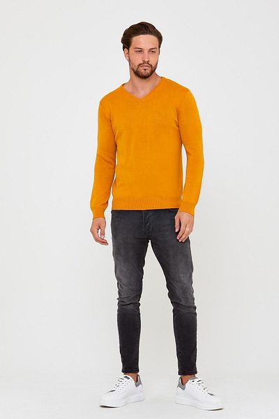 ENQUE Men's Long Winter V Neck Comfort Mustard Knitwear Sweater