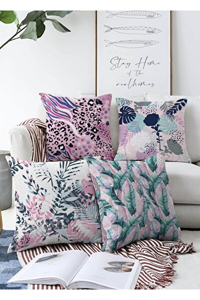 Realhomes Tüy Ve Yaprak Tasarımlı Modern Dijital Baskılı 4'lü Çift Taraflı Ra...