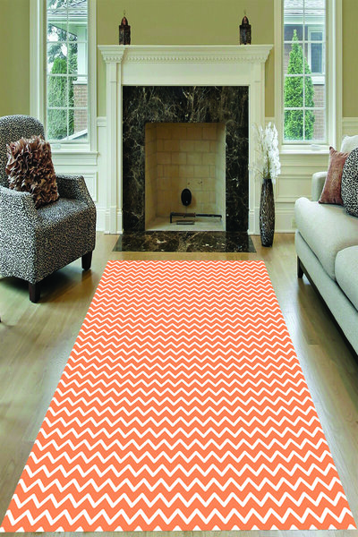 MODANOİVA Beyaz Turuncu Zikzak Desenli Kaymaz Taban Yıkanabilir Halı