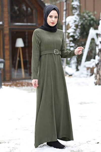 Feiza Collection Kemerli Triko Tesettür Elbise - Haki