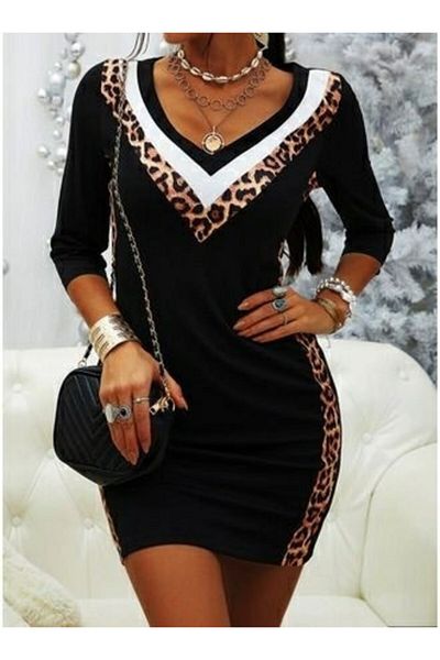 rengamoda Rochie de damă din viscoză cu două fire, cu decolteu în V, ornată cu leopard