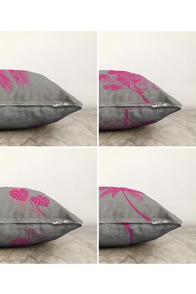 Realhomes Set husă de pernă decorativă, imprimată digitală, din 4 bucăți, cu două fețe Raschel, cu motiv de arbore fucsia pe fundal gri