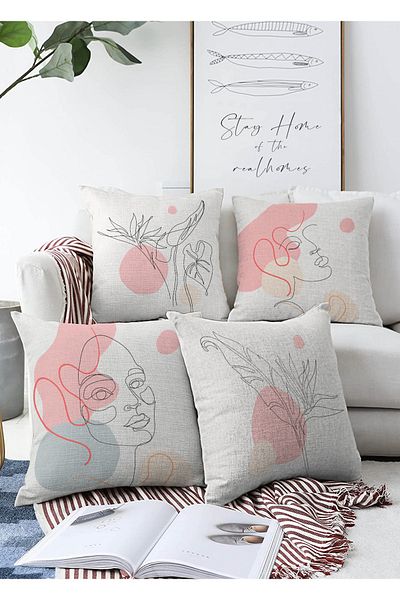 Realhomes Set de huse de pernă Raschel, cu design special, din 4 piese, cu două fețe, cu fundal alb și desen de portret botanic