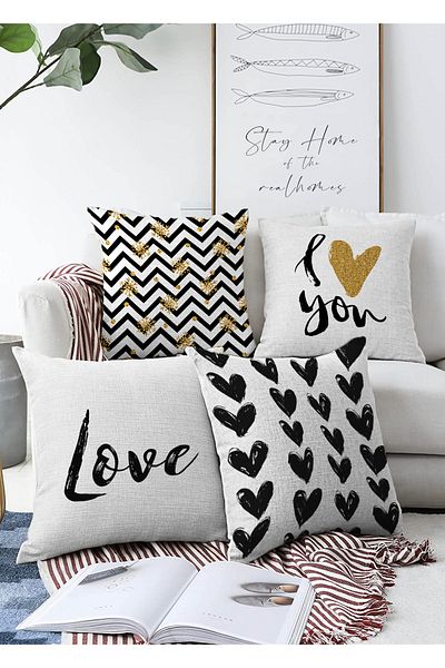 Realhomes Set de huse de pernă tricotate Raschel, combinație I Love You, 4 piese, cu două fețe