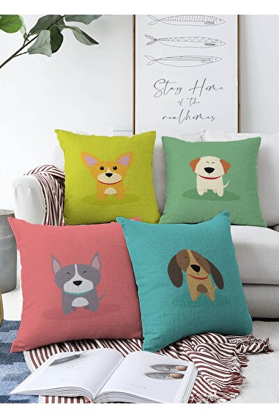Realhomes Double Sided Cute Dogs 4-Piece Raschel Knitted Throw Pillow Cover Set