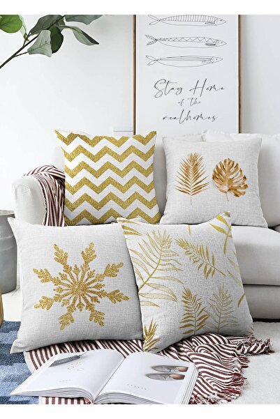 Realhomes Çift Taraflı Altın Varaklı Yaprak Ve Zigzag Motifli 4'lü Modern Raş...