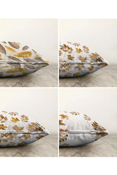 Realhomes Set de huse de pernă decorative cu frunze de aur, 4 piese, tricotate Raschel, cu două fețe