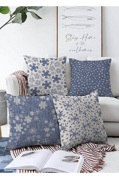 Realhomes Set de fețe de pernă Raschel, cu fundal din denim și granule de cristal, imprimat digital, 4 piese