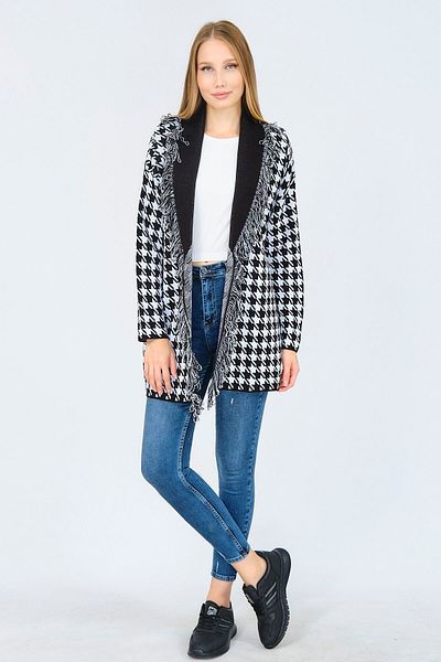 Ocean Goose Feet Pattern Black Cardigan with Tassels