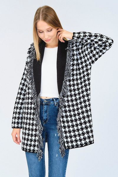 Ocean Goose Feet Pattern Black Cardigan with Tassels