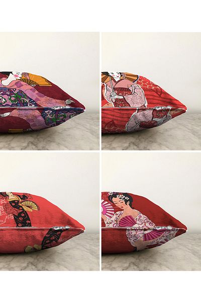 Realhomes Double Sided Red Japanese Girls Designed 4-Piece Decorative Raschel Knitted Throw Pillow Cover Set