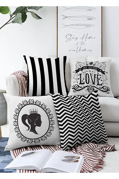 Realhomes Set de huse de pernă decorative, tricotate Raschel, cu două fețe, colorate alb și negru