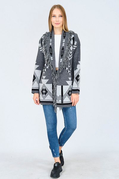 Ocean Ethnic Patterned Gray Cardigan