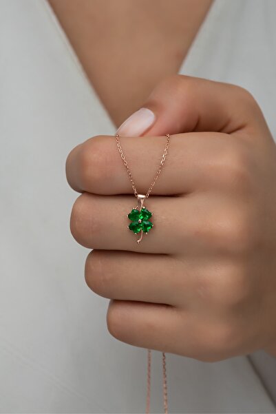 Nereze 925 Ayar Gümüş Yeşil Taşlı Yonca Kolye