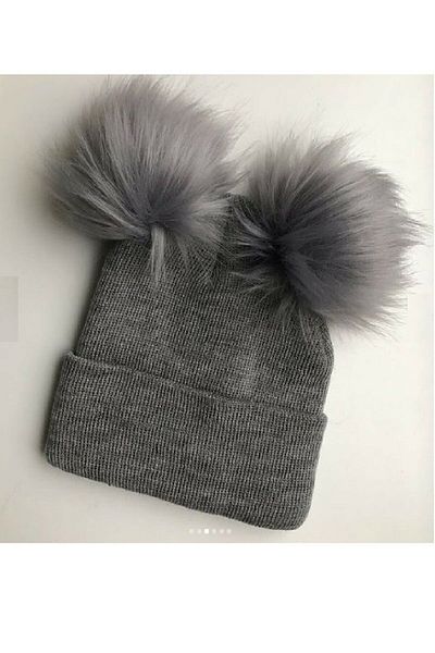Asa Bebek Çocuk Unisex Baby Knitwear Beret - Fur Pompom, Gray