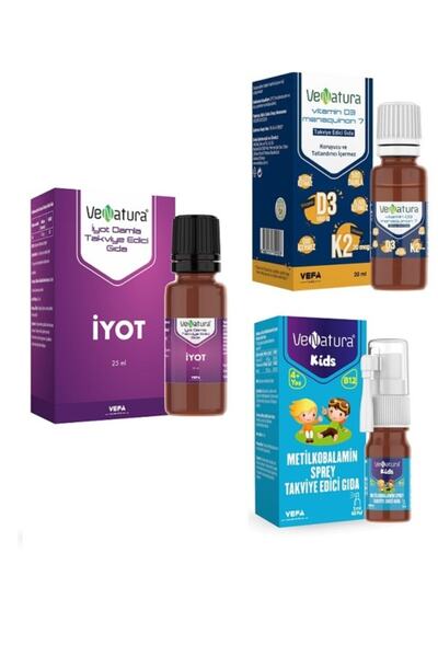 VeNatura Vitamin D3 Ve Menaquinon 7(d3k2) + Iyot 150 Mg 25 Ml + Kıds Metilkobalamin Sprey 5 Ml