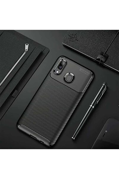 Fibaks Samsung Galaxy A20 Uyumlu Kılıf Rugged Armor Karbon Tasarım Kapak
