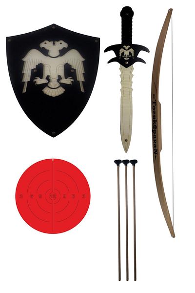 Ahtek Wooden Toy Set of 4, Seljuk Shield, Sword, Dustcoparan Arrow Bow, Target, Black