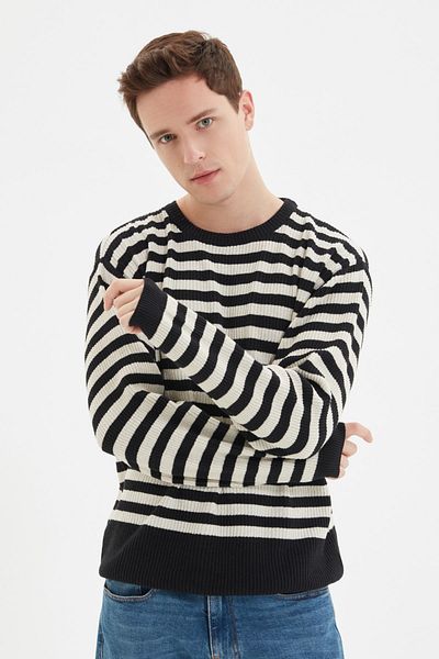 Trendyol Collection Μαύρο Casual Oversize Fit Βαμβάκι Wide Fit Crew Neck ριγέ πουλόβερ πουλόβερ TMNAW22KZ1291