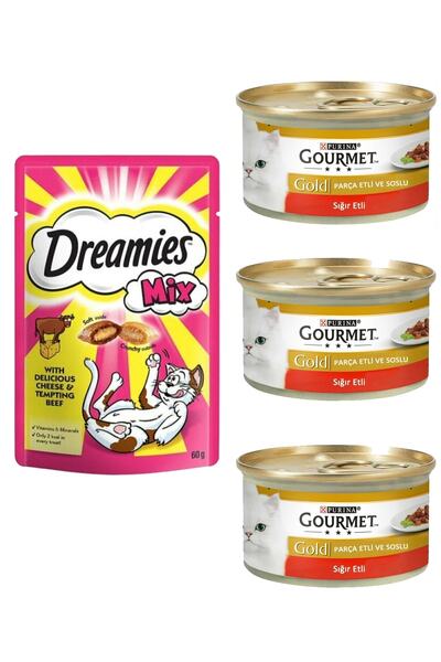 Purina Gold Parça Sığır Etli Konserve Kedi Maması 3x85 Gr+dreamies Mix Sığır Peynirli Kedi Ödül 60gr