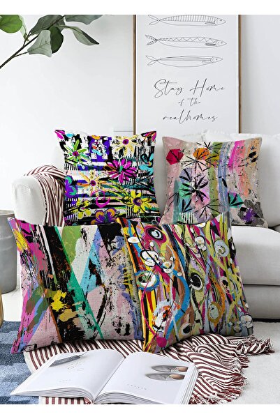 Realhomes Sulu Boya Fırça Darbeli Geometrik Desenli Çift Taraflı 4'lü Raşel Ö...