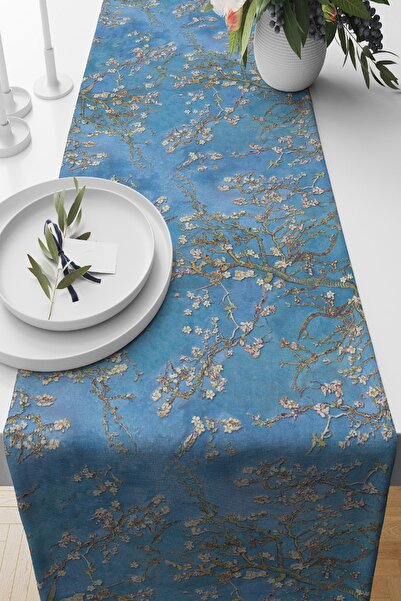 Nish & Royal Yağlı Boya Mavi Ağaç Motifleri Dijital Baskılı Özel Tasarım Süet...