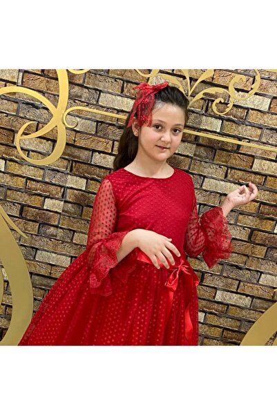 Pumpido Kız Çocuk Garson Boy Uzun Kollu Kırmızı Renk Dantelli Abiye Elbise Tokalı