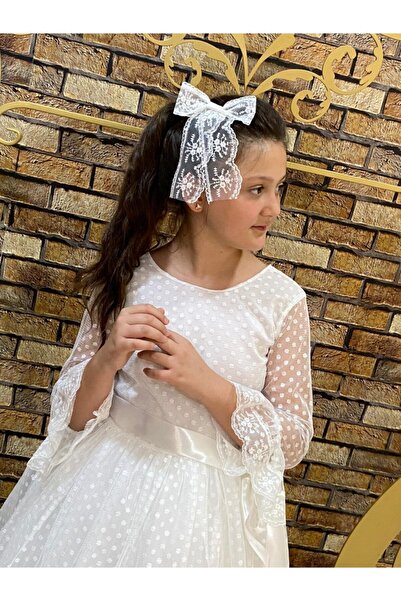 Pumpido Βραδινό φόρεμα για κορίτσια με μακρυμάνικο λευκό δαντέλα - Πόρπη σερβιτόρος αγόρι