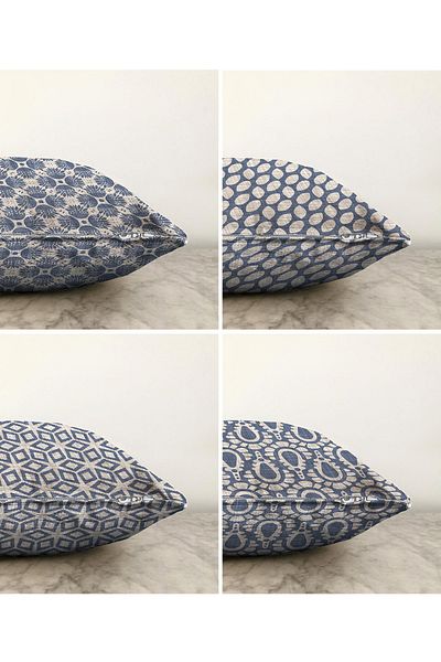 Realhomes Set de huse de pernă tricotată Raschel, 4 bucăți, cu forme geometrice pe podea din denim