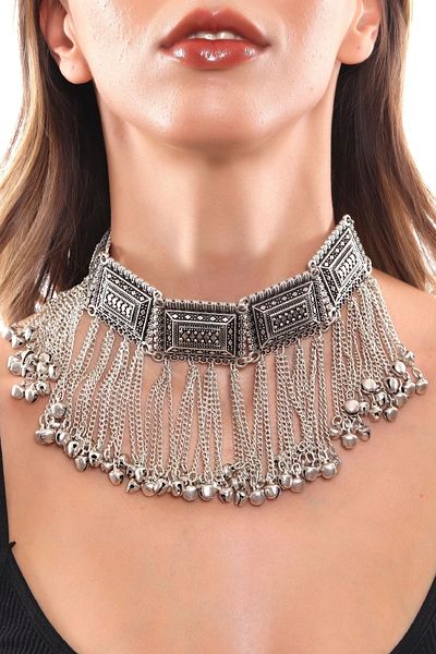 LABALABA Women's Antique Silver Plated Bell Charm Detailed Handmade Tassel Necklace