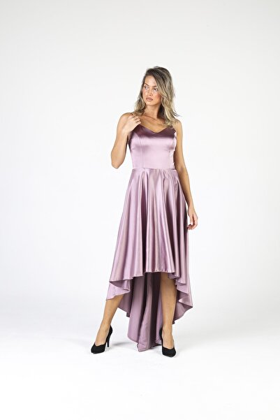 ALİS DRESS Ip Askılı Arkası Uzun Lavanta Saten Elbise