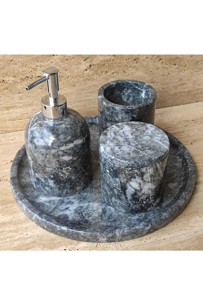 Polen Stone Wave Patterned Smoke Marble 4-Piece Bathroom Set