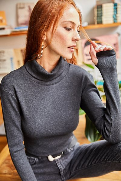 Olalook Bluză de damă, antracit, cu gât țesut, cu degete, lycra, crop BLZ-19001644