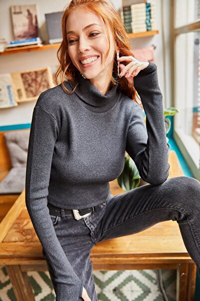 Olalook Bluză de damă, antracit, cu gât țesut, cu degete, lycra, crop BLZ-19001644