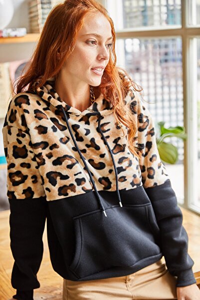 Olalook Kadın Siyah Leopar Polar Leopar Detaylı İçi Polarlı Kalın Sweatshirt SWT-19000470