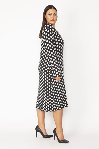 Şans Women's Plus Size Colorful Long Sleeve Point Pattern Crepe Dress 65n28334