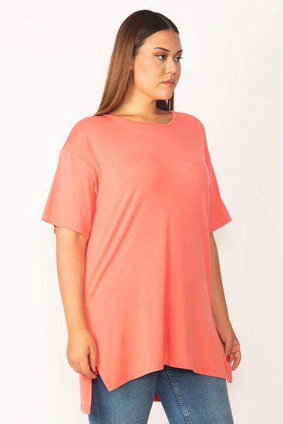 Şans Women's Large Size Pomegranate Side Slits Crew Neck Viscose Blouse 65n28465