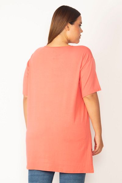 Şans Women's Large Size Pomegranate Side Slits Crew Neck Viscose Blouse 65n28465