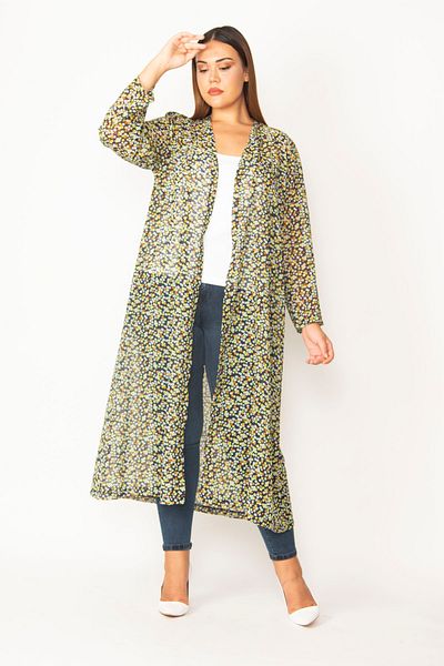 Şans Women's Large Size Colorful Chiffon Fabric Patterned Long Cardigan 65n28497