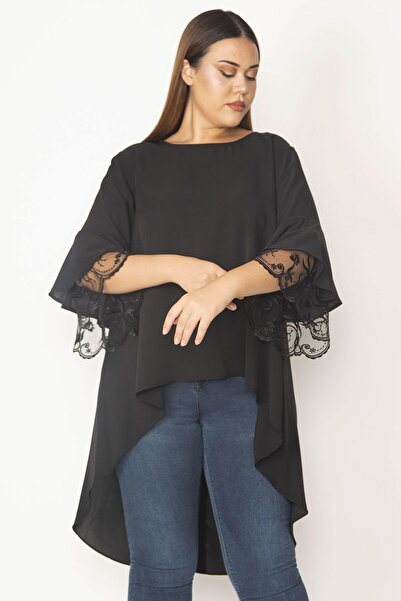 Şans Women's Plus Size Black Flounce Sleeve Lace and Back Zipper Detailed Chiffon Blouse 65n28396