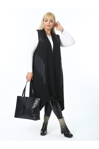 LİKRA Women's Black Large Size Leather Detail Asymmetrical Style Cut Flexible Viscose Vest