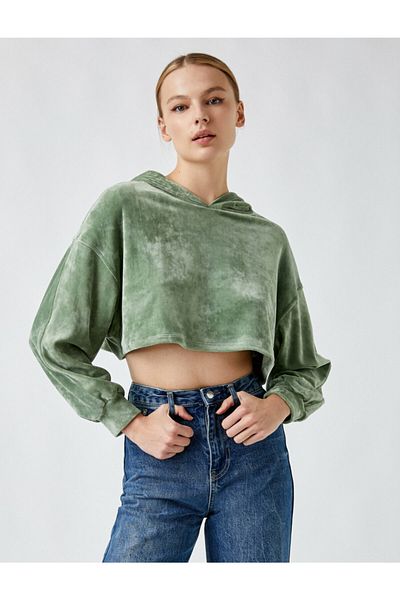 Koton Hooded Crop Velvet Sweatshirt Long Sleeve