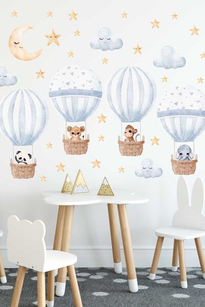 Sticker Ekspres Sevimli Hayvanlı Mavi Balonlar Çocuk Odası Duvar Sticker Seti