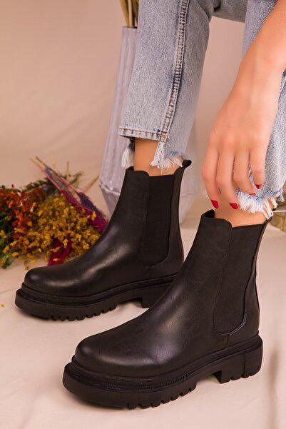 ENES Γυναικείες μαύρες καθημερινές μπότες με ελαστική πλαϊνή χοντρή σόλα