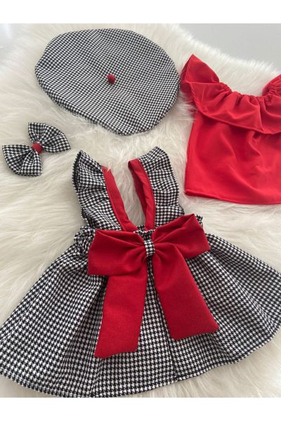 Moda Lina Baby Girl Houndstooth Pattern Salopet Blouse Hat & Bandana Set