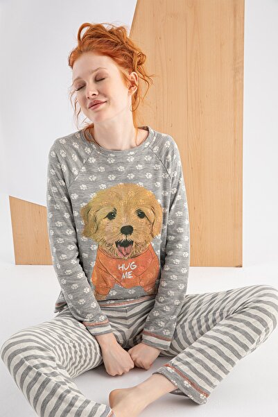 Sevim Kadın Bisiklet Yaka Baskılı Uzun Kol Pijama Takımı